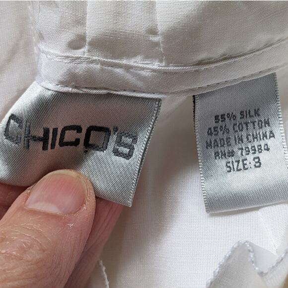 CHICO'S RUFFLED SHIRT BLOUSE TOP ~ White Silk & Cotton ~ XL Size 3 ~ Long Sleeve - Picture 9 of 10